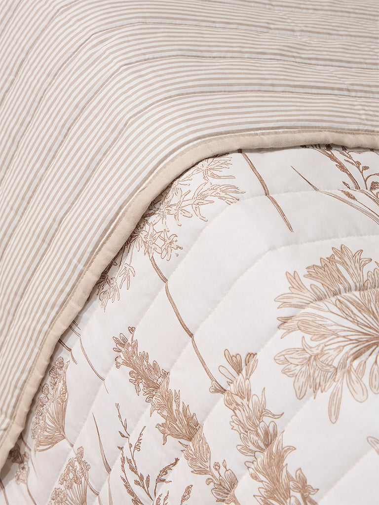 Westside Home Beige Floral Design Reversible Quilted Queen Bed Comforter - Image 3