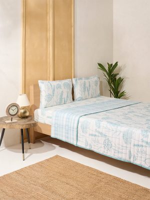 Westside Home Aqua Botanical Printed Reversible Queen Bed Comforter