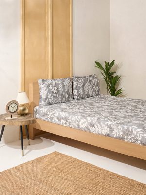 Westside Home Grey Foliage Printed Queen Bed Flat Sheet and Pillowcase Set