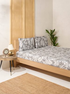 Westside Home Grey Foliage Printed King Bed Flat Sheet and Pillowcase Set
