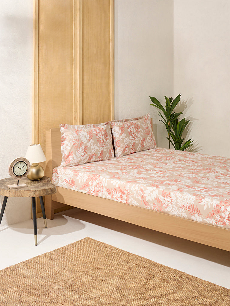 Westside Home Beige Botanical King Bed Flat Sheet and Pillowcase Set