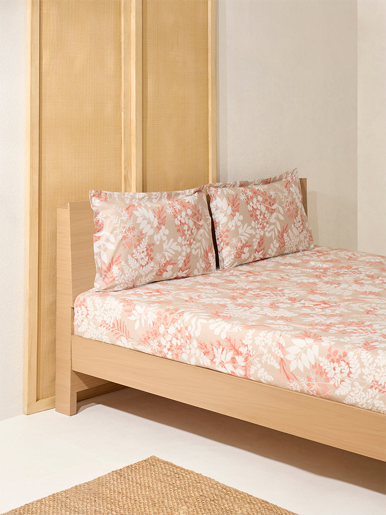 Westside Home Beige Botanical King Bed Flat Sheet and Pillowcase Set - Image 2