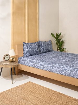 Westside Home Dusty Blue Foliage Printed Queen Bed Fitted Sheet and Pillowcase Set