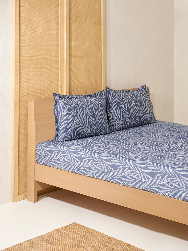 Westside Home Dusty Blue Foliage Printed Queen Bed Fitted Sheet and Pillowcase Set - Image 2