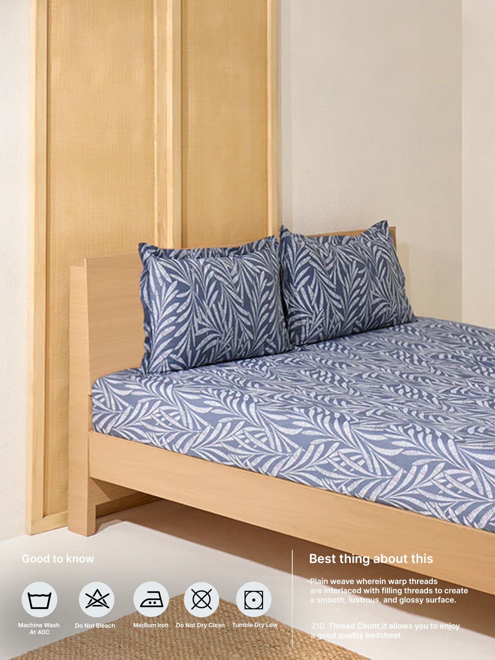 Westside Home Dusty Blue Foliage Printed Queen Bed Fitted Sheet and Pillowcase Set - Image 5