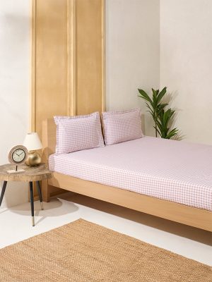 Westside Home Pink Gingham Checkered Queen Bed Fitted Sheet and Pillowcase Set
