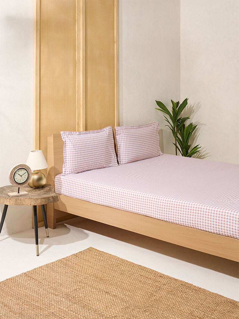 Westside Home Pink Gingham Checkered Queen Bed Fitted Sheet and Pillowcase Set