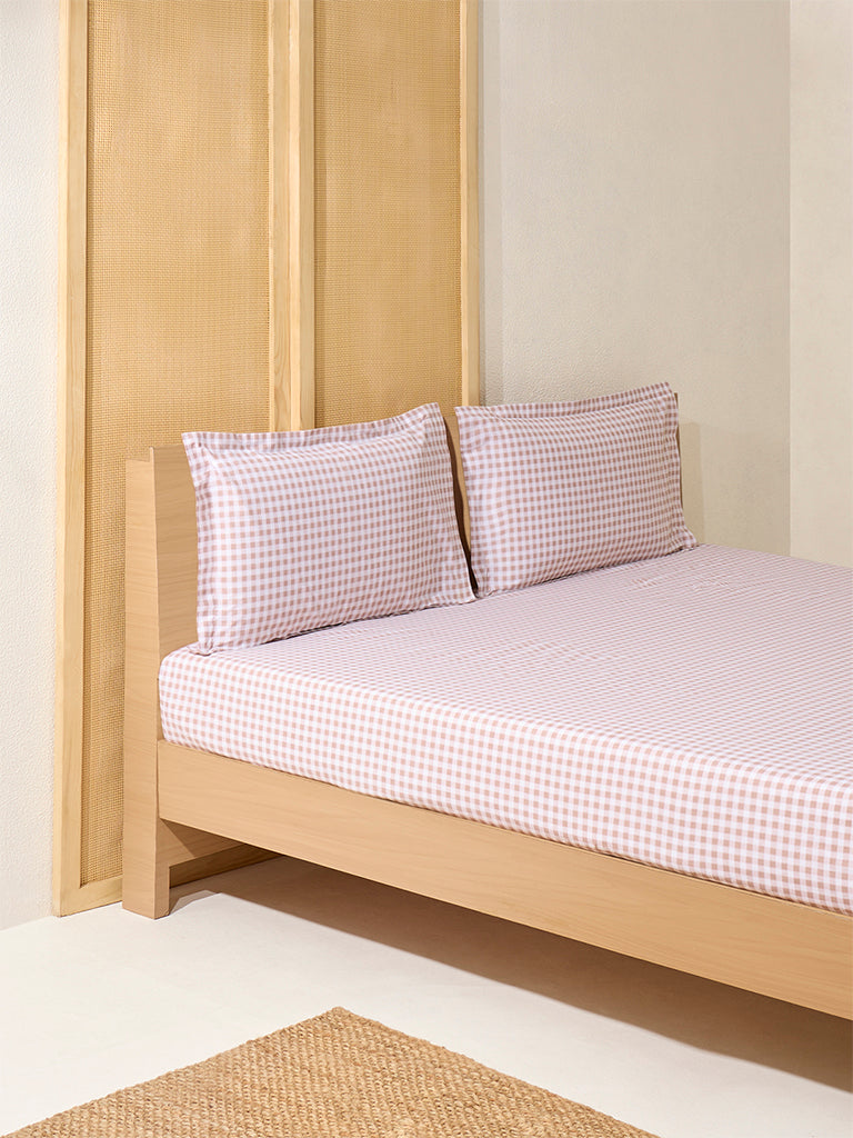 Westside Home Pink Gingham Checkered Queen Bed Fitted Sheet and Pillowcase Set - Image 2