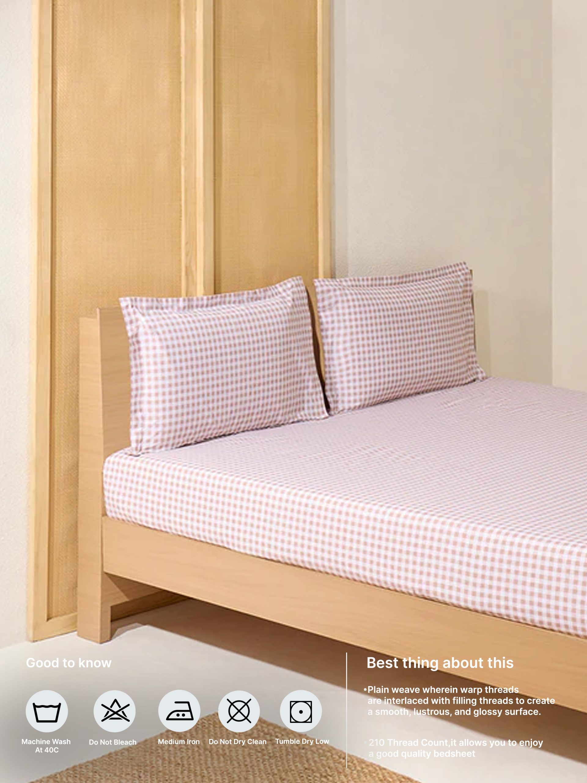 Westside Home Pink Gingham Checkered Queen Bed Fitted Sheet and Pillowcase Set - Image 5