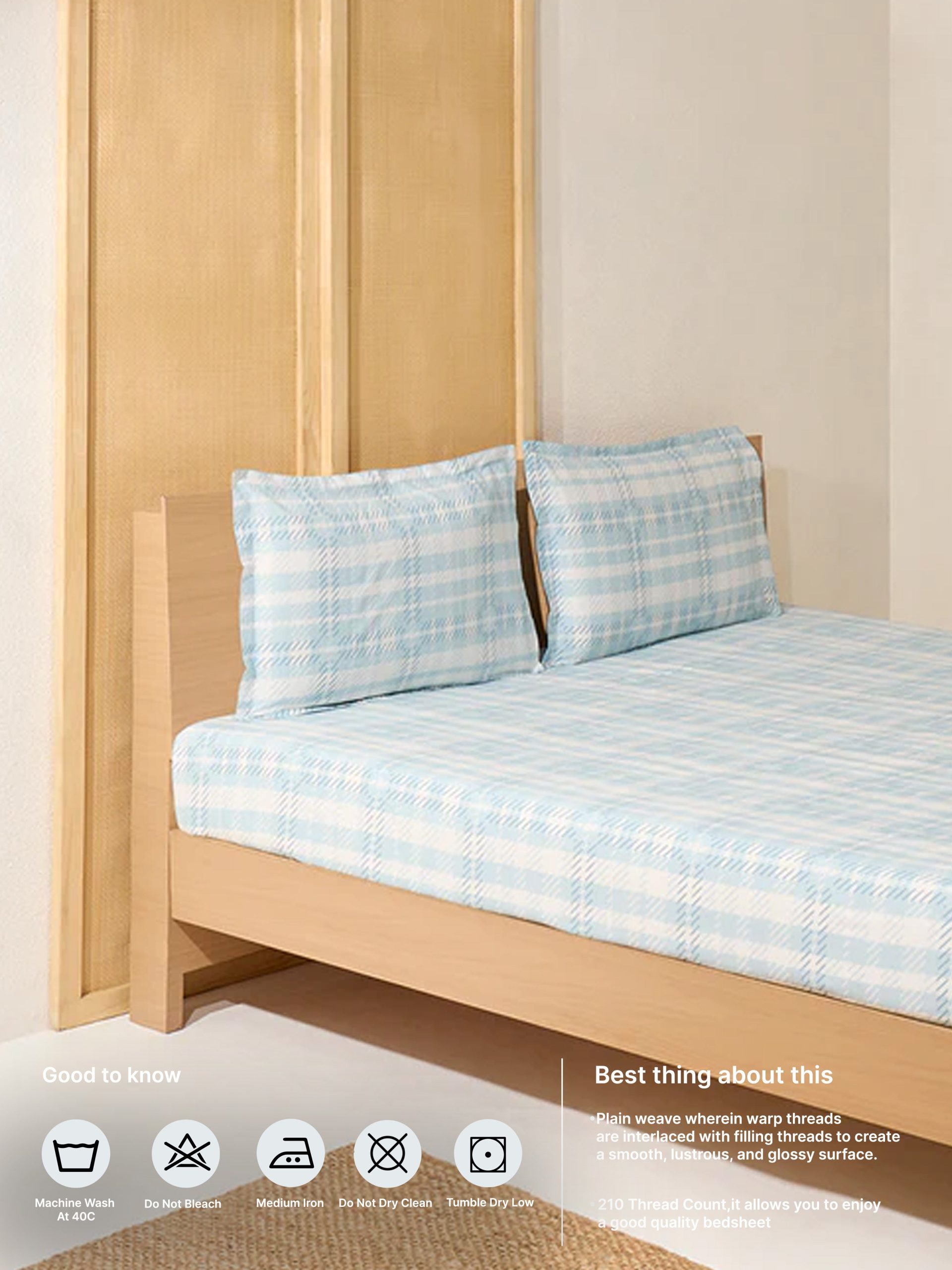 Westside Home Aqua Checks Printed Queen Bed Flat Sheet and Pillowcase Set - Image 5