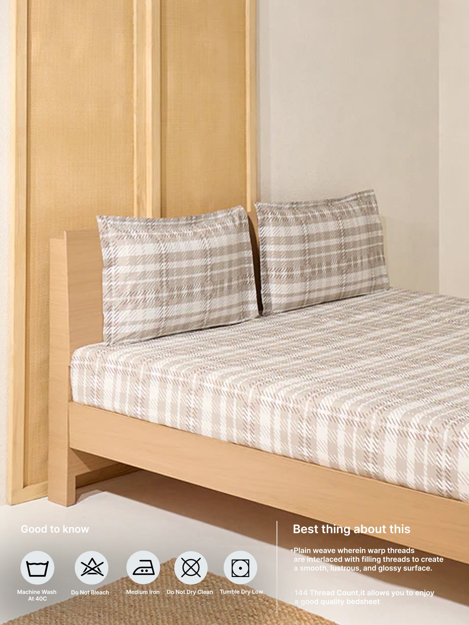 Westside Home Beige Checkered King Bed Flat Sheet and Pillowcase Set - Image 5