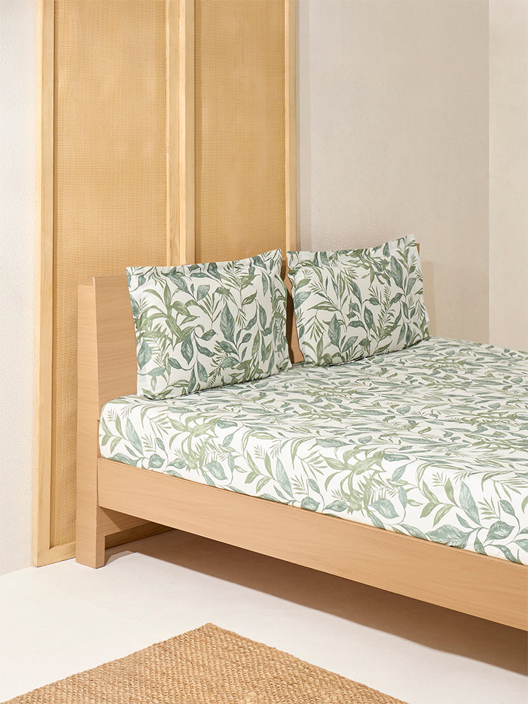 Westside Home Sage Leaf Design King Bed Flat Sheet and Pillowcase Set - Image 2