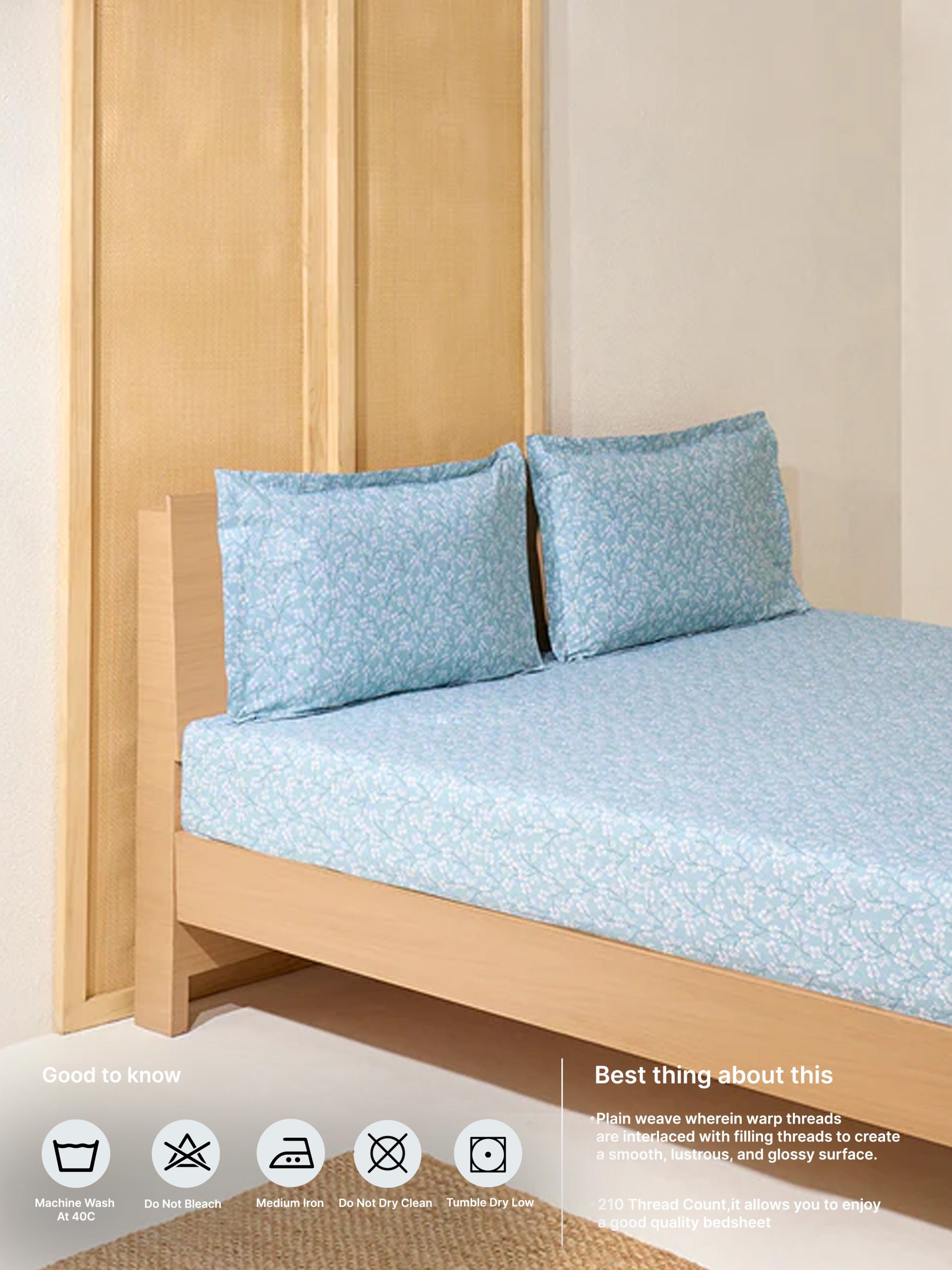 Westside Home Blue Floral Design Queen Bed Fitted Sheet and Pillowcase Set - Image 5