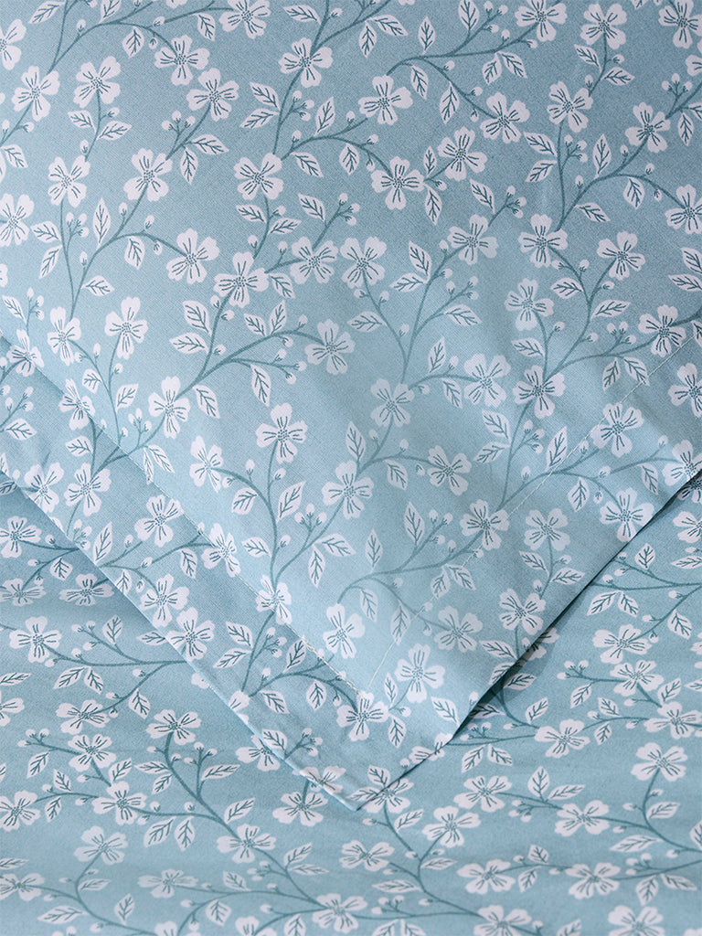 Westside Home Blue Floral Design Queen Bed Fitted Sheet and Pillowcase Set - Image 3