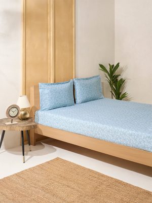 Westside Home Blue Floral Design King Bed Fitted Sheet and Pillowcase Set