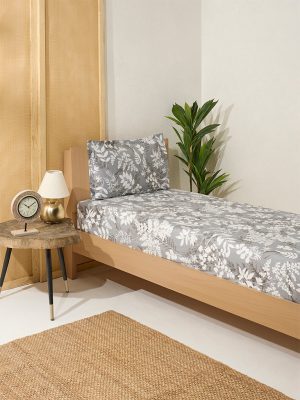 Westside Home Grey Foliage Printed Single Bed Flat Sheet and Pillowcase Set