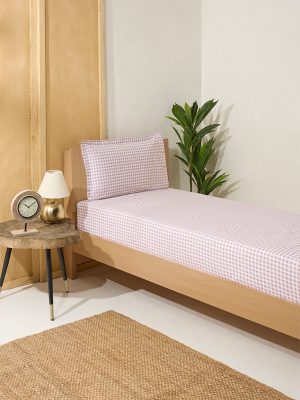 Westside Home Light Brown Gingham Checkered Single Bed Fitted Sheet and Pillowcase Set