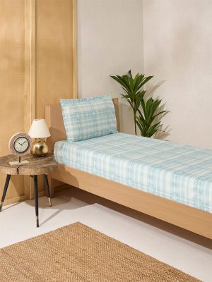 Westside Home Aqua Checks Printed Single Bed Flat Sheet and Pillowcase Set