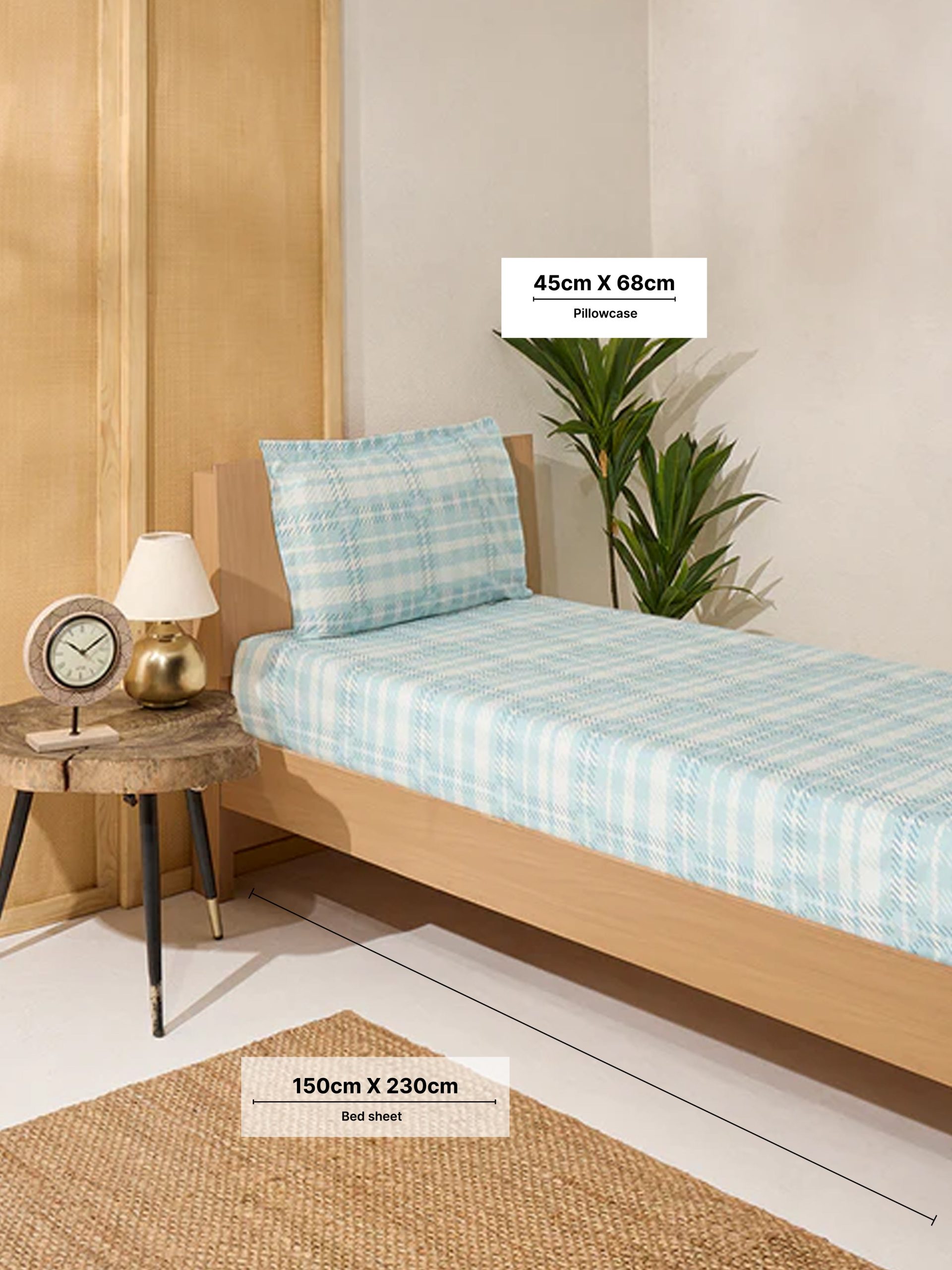Westside Home Aqua Checks Printed Single Bed Flat Sheet and Pillowcase Set - Image 4