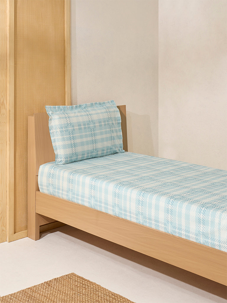 Westside Home Aqua Checks Printed Single Bed Flat Sheet and Pillowcase Set - Image 2