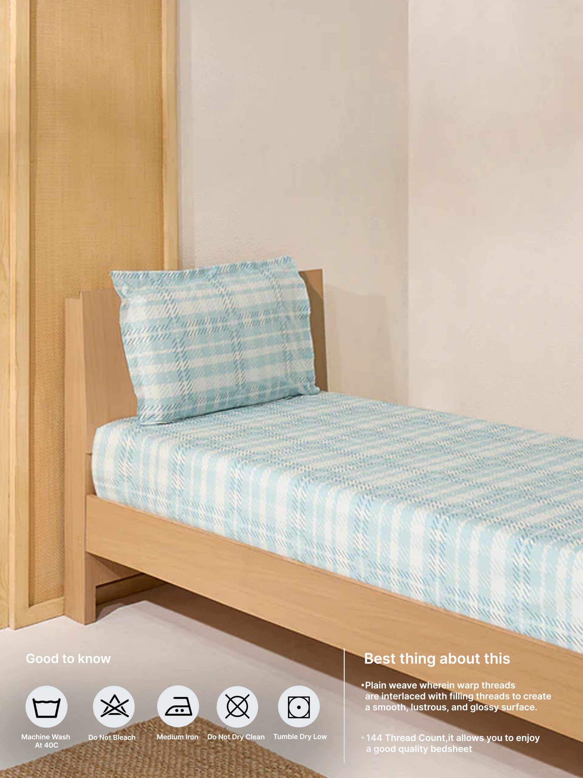 Westside Home Aqua Checks Printed Single Bed Flat Sheet and Pillowcase Set - Image 5