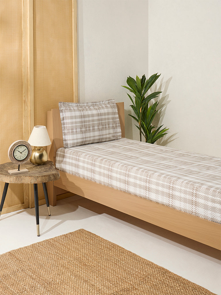 Westside Home Beige Checkered Single Bed Flat Sheet and Pillowcase Set