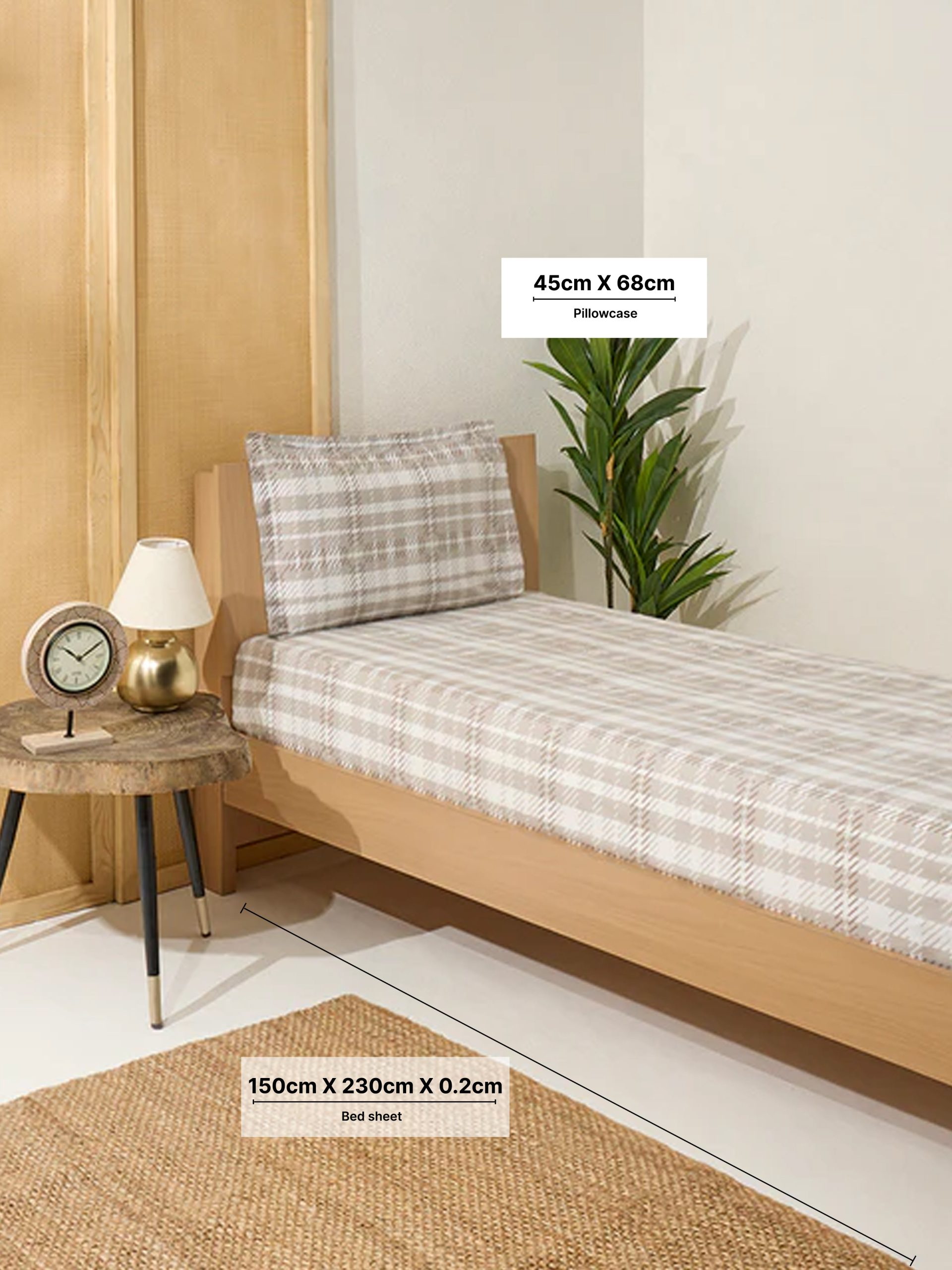 Westside Home Beige Checkered Single Bed Flat Sheet and Pillowcase Set - Image 4