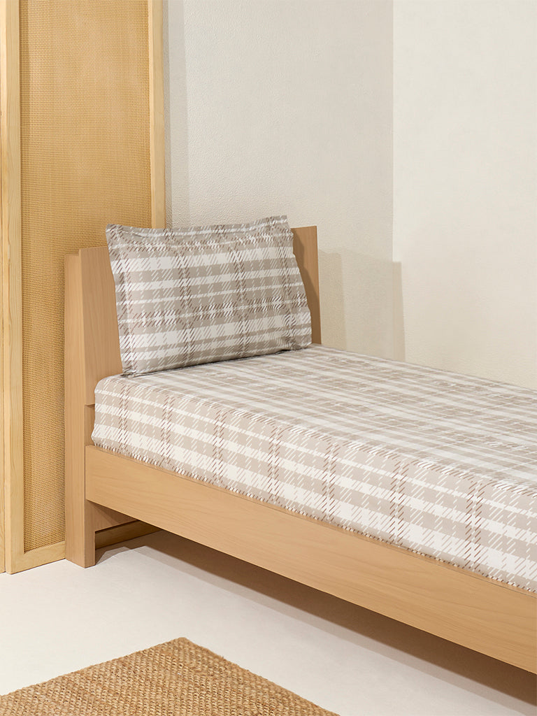 Westside Home Beige Checkered Single Bed Flat Sheet and Pillowcase Set - Image 2