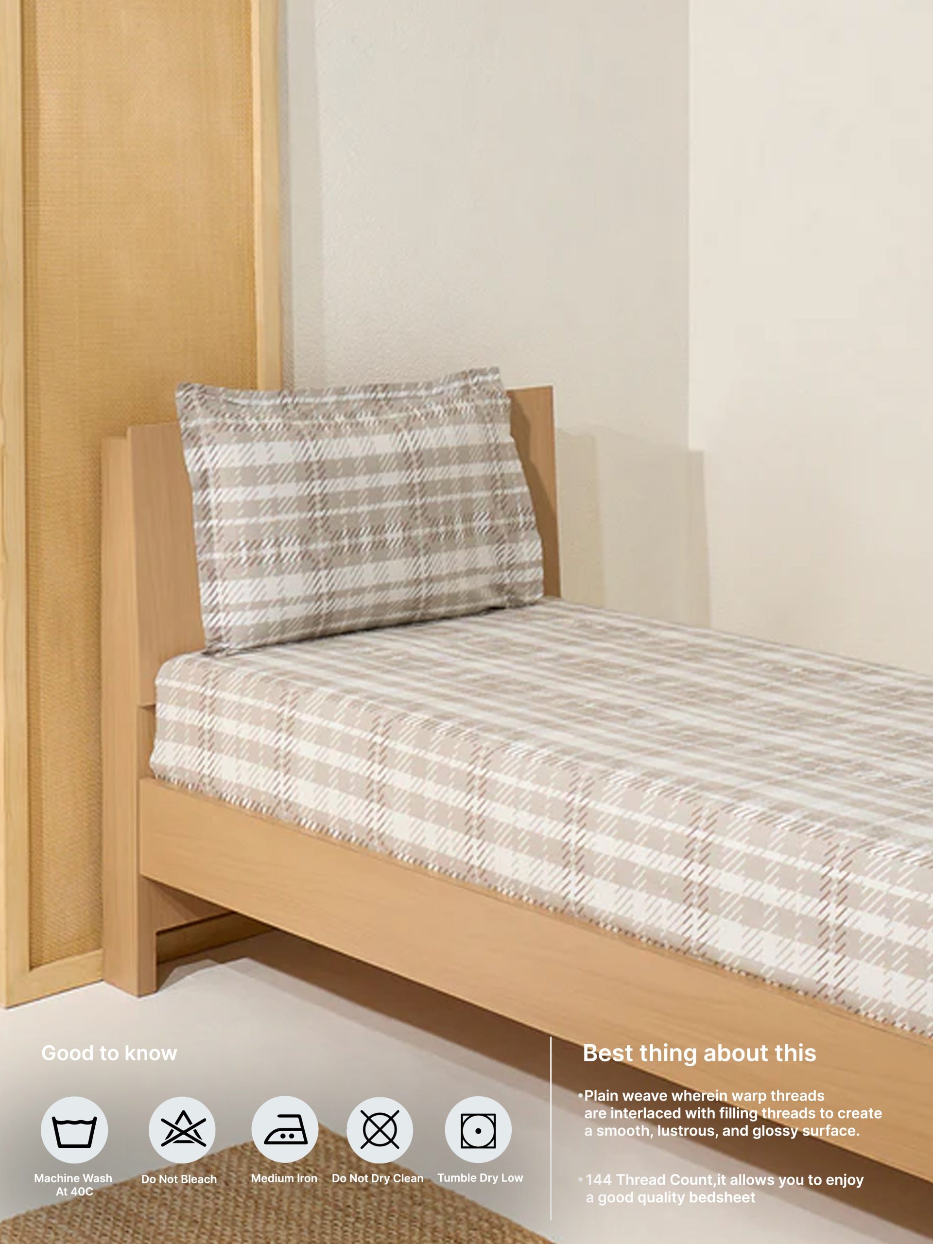 Westside Home Beige Checkered Single Bed Flat Sheet and Pillowcase Set - Image 5