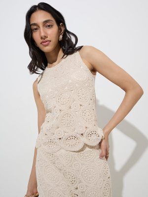 LOV Beige Crochet-Detailed Cotton Top