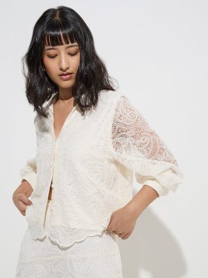 LOV Off-White Lace-Detailed Cotton-Blend Shirt