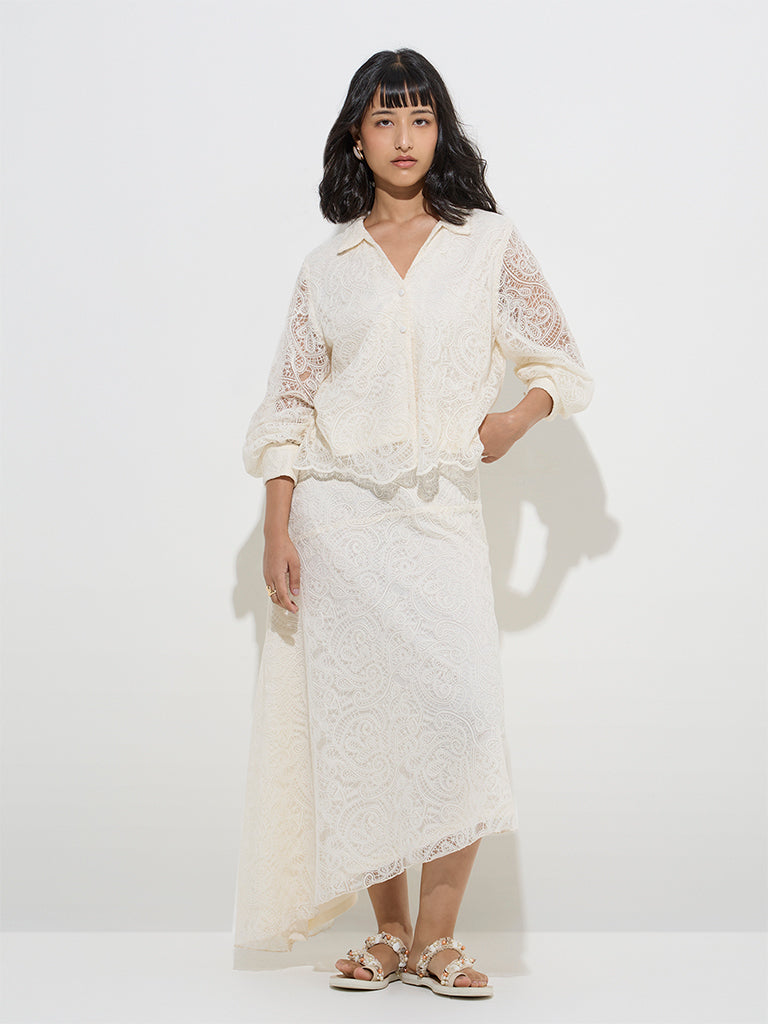 LOV Off-White Lace-Detailed Cotton-Blend Shirt - Image 3