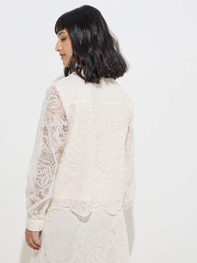 LOV Off-White Lace-Detailed Cotton-Blend Shirt - Image 4