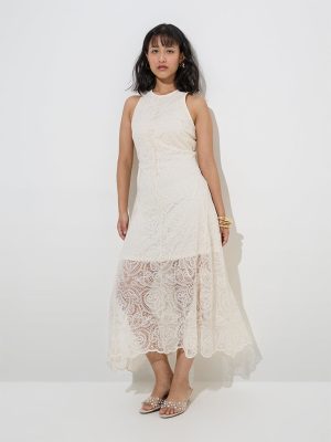 LOV Off-White Lace Detailed A-Line Dress