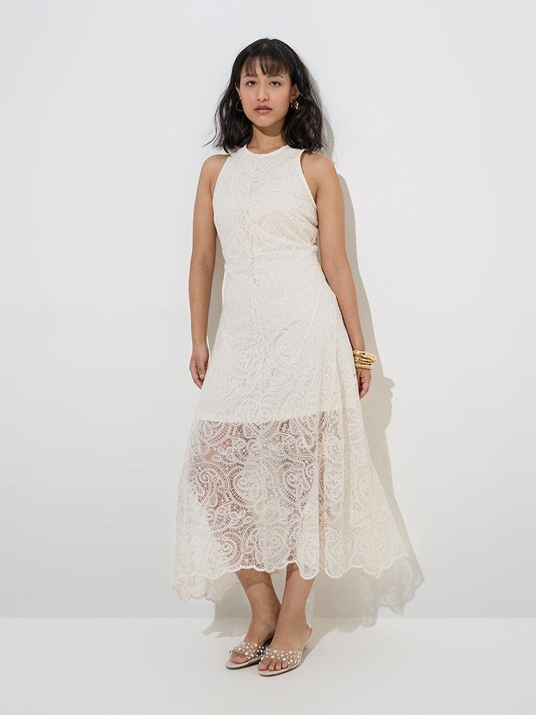 LOV Off-White Lace Detailed A-Line Dress