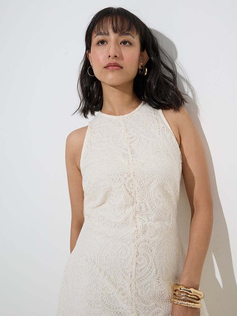 LOV Off-White Lace Detailed A-Line Dress - Image 2