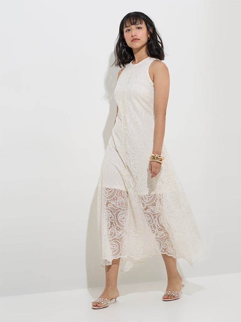 LOV Off-White Lace Detailed A-Line Dress - Image 3