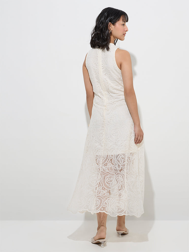 LOV Off-White Lace Detailed A-Line Dress - Image 4