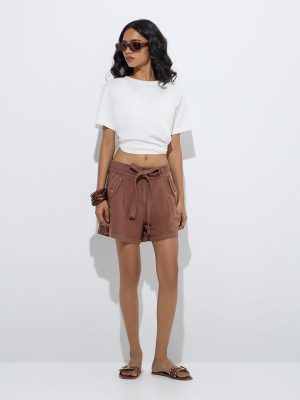 LOV Brown High-Rise Cotton-Blend Shorts with Belt