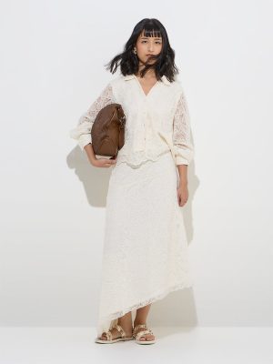 LOV Off-White Lace-Detailed High-Rise Cotton-Blend Skirt