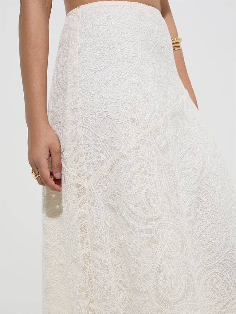 LOV Off-White Lace-Detailed High-Rise Cotton-Blend Skirt - Image 2