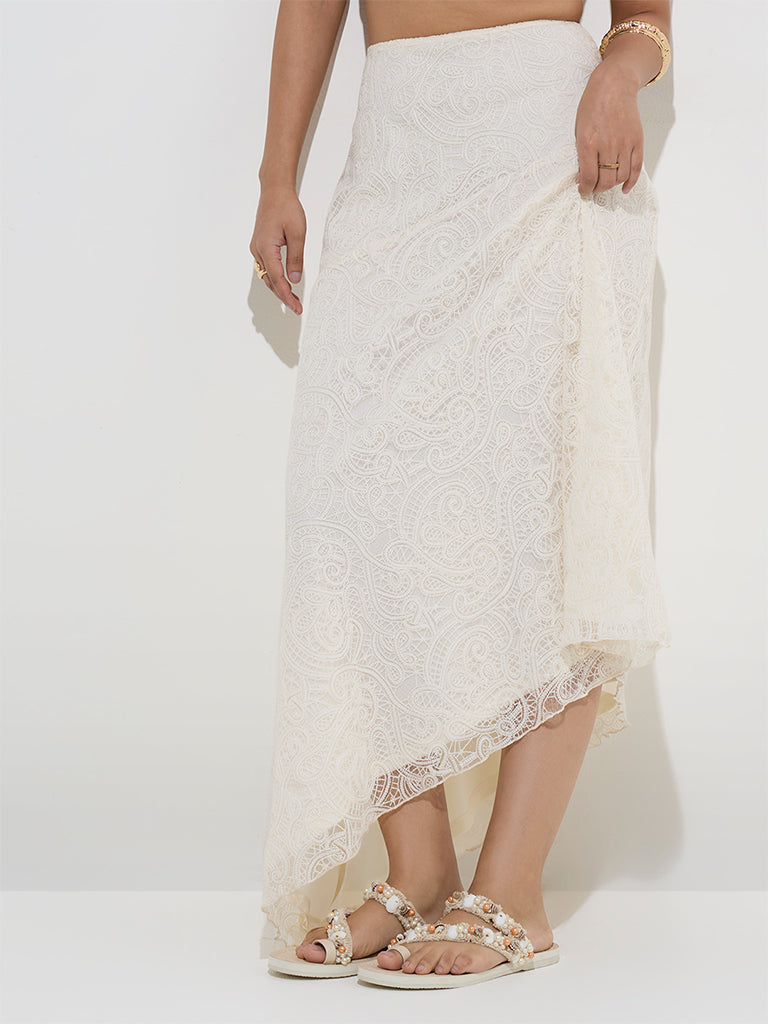 LOV Off-White Lace-Detailed High-Rise Cotton-Blend Skirt - Image 3