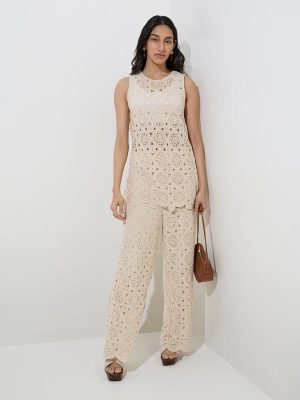 LOV Beige Crochet-Detailed High-Rise Cotton Trousers