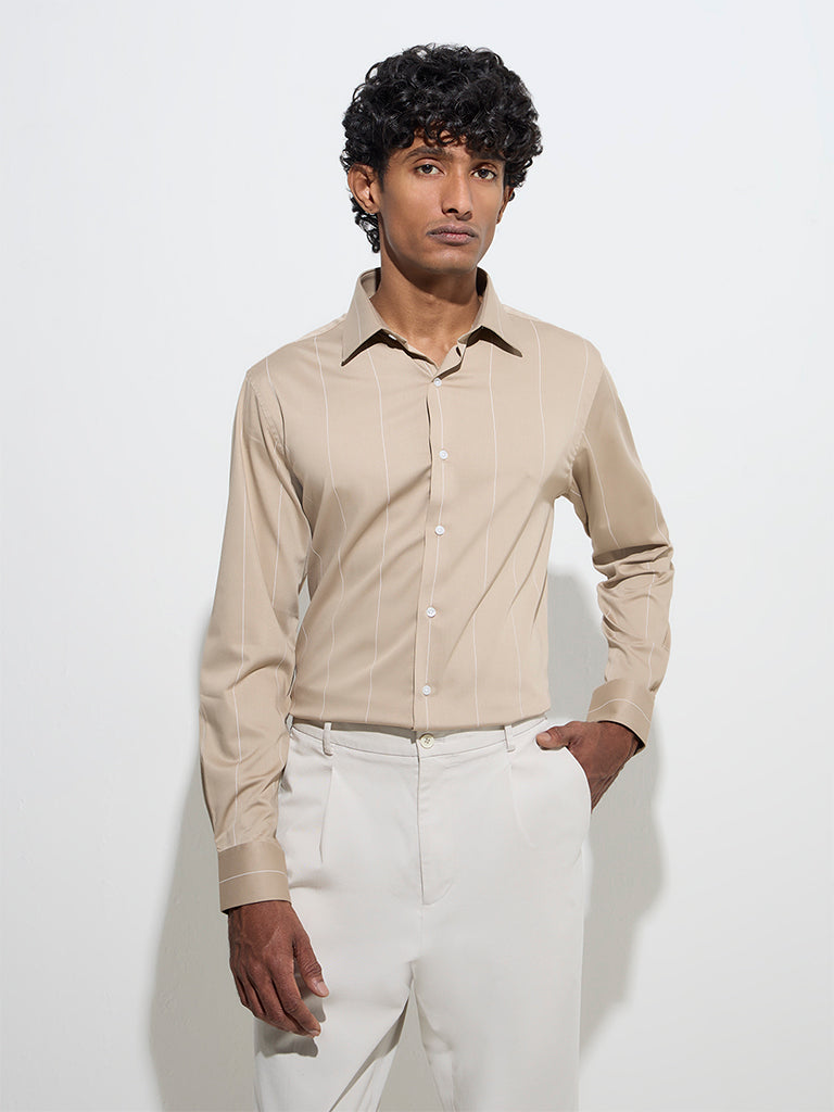 WES Formals Beige Pinstriped Slim-Fit Cotton Shirt