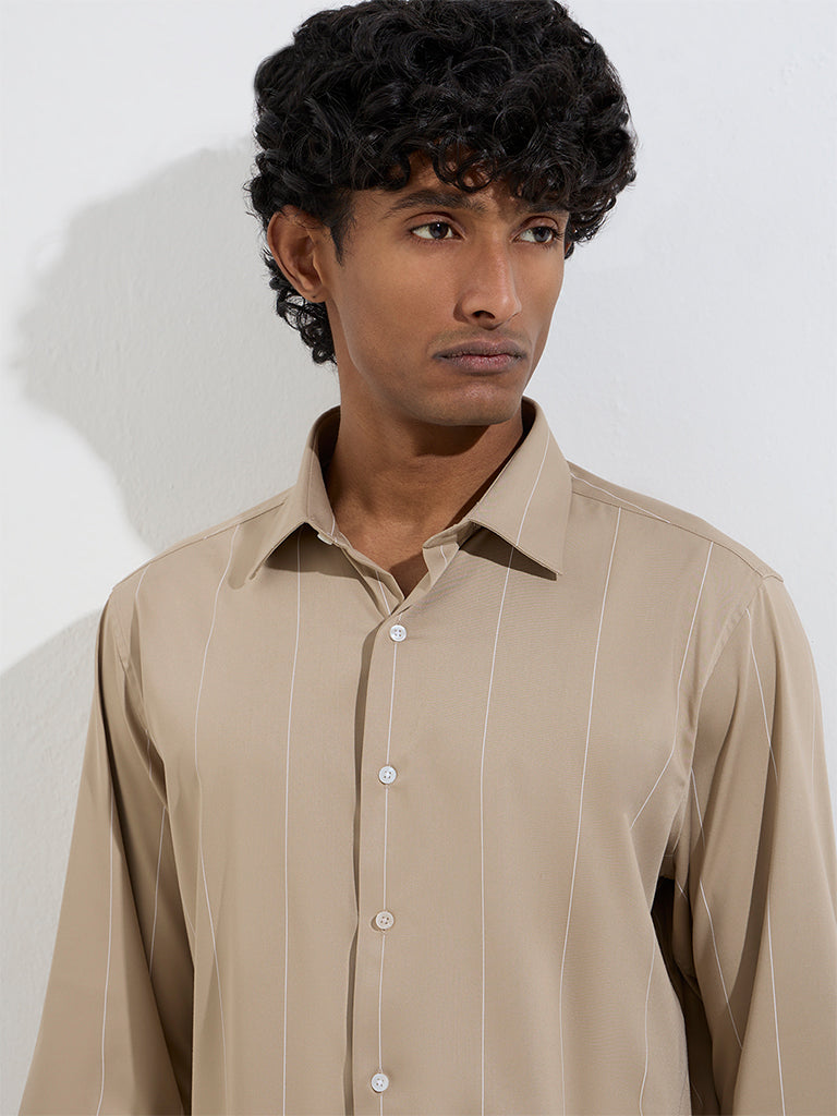 WES Formals Beige Pinstriped Slim-Fit Cotton Shirt - Image 3