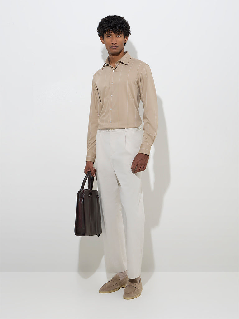 WES Formals Beige Pinstriped Slim-Fit Cotton Shirt - Image 4