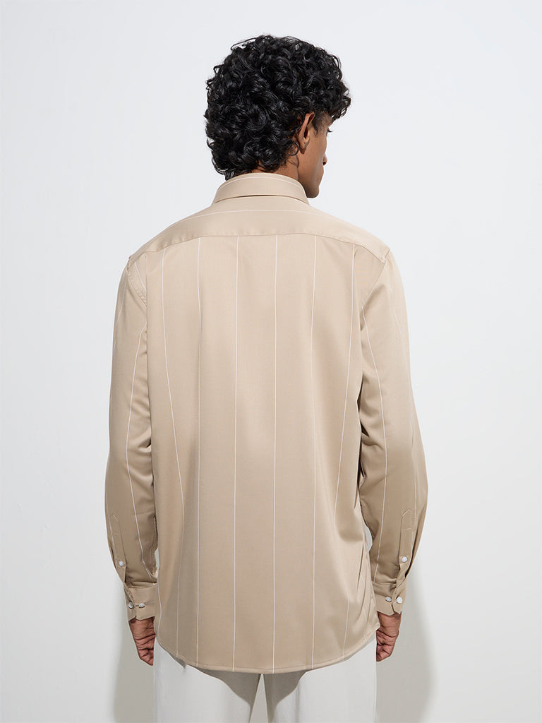 WES Formals Beige Pinstriped Slim-Fit Cotton Shirt - Image 5