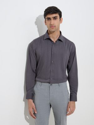 WES Formals Charcoal Self-Striped Slim-Fit Cotton Shirt