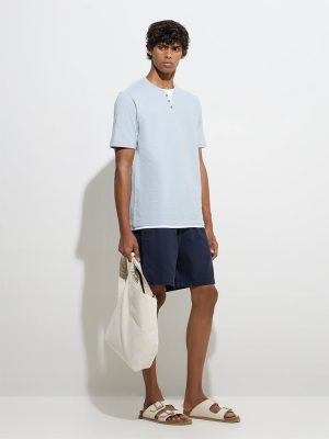 ETA Navy Solid Relaxed-Fit Mid-Rise Cotton-Blend Shorts