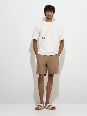 ETA Taupe Solid Relaxed-Fit Mid-Rise Cotton-Blend Shorts